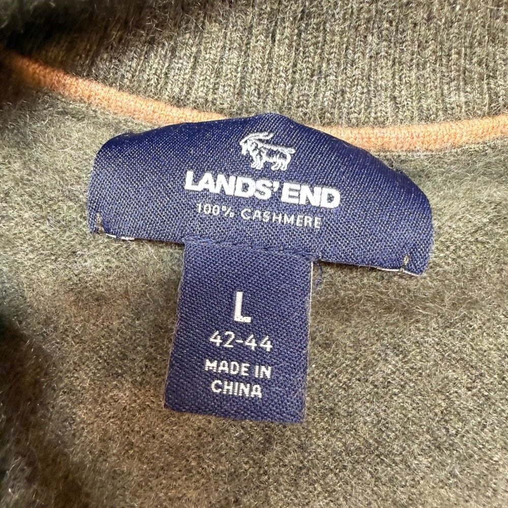 Cashmere Lands End Quarter Zip Sweater Mens Large Green Knit Pullover Preppy - Picture 2 of 11